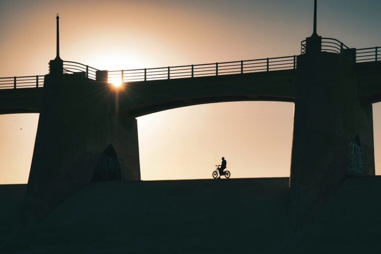 silhouette of 2 people standing on concrete bridge during sunset